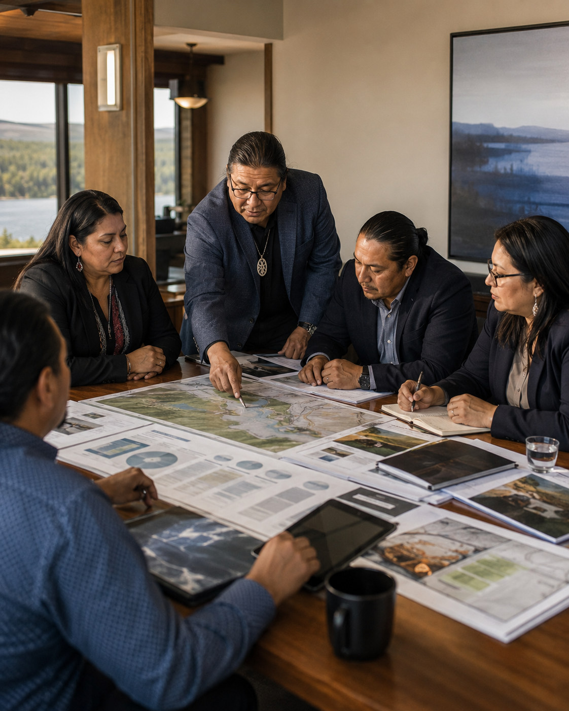 Business partners review plans and documents around a meeting table