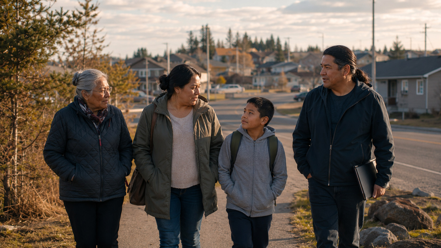 Four community members, from an older woman to a youth, stand together on a residential street