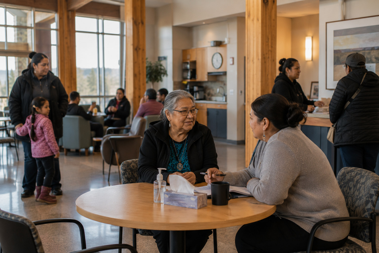 An older woman meets with a staff member at a table in a busy community office