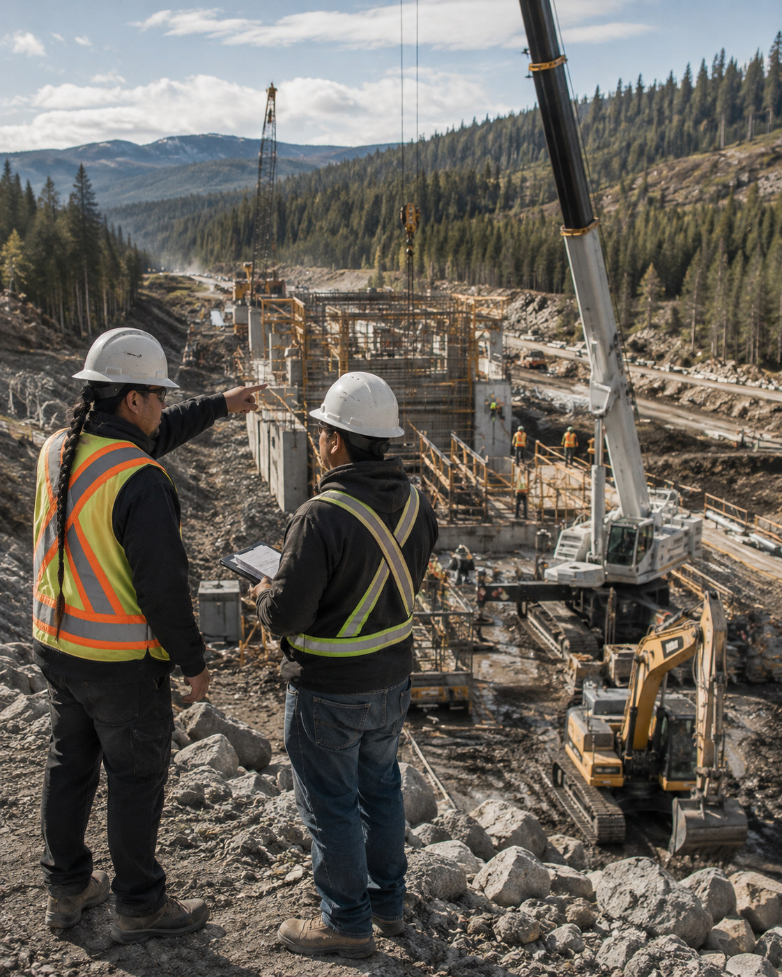Two workers in hard hats and safety vests oversee excavation at a construction site
