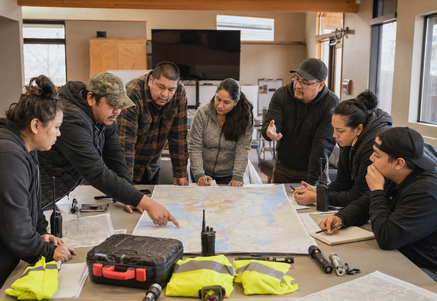 Emergency planning session around a table with a map, radios and high-visibility vests