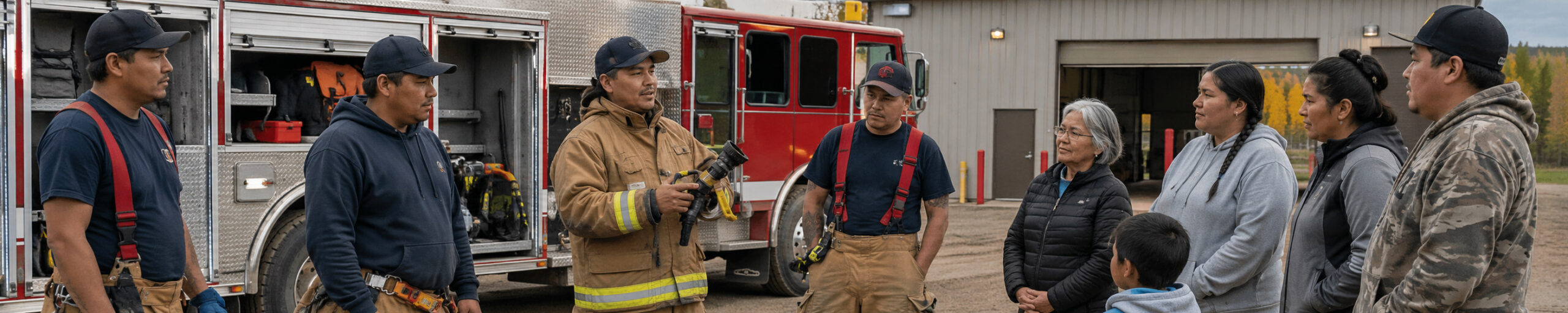 Firefighters and community members stand beside a fire truck outside a fire hall