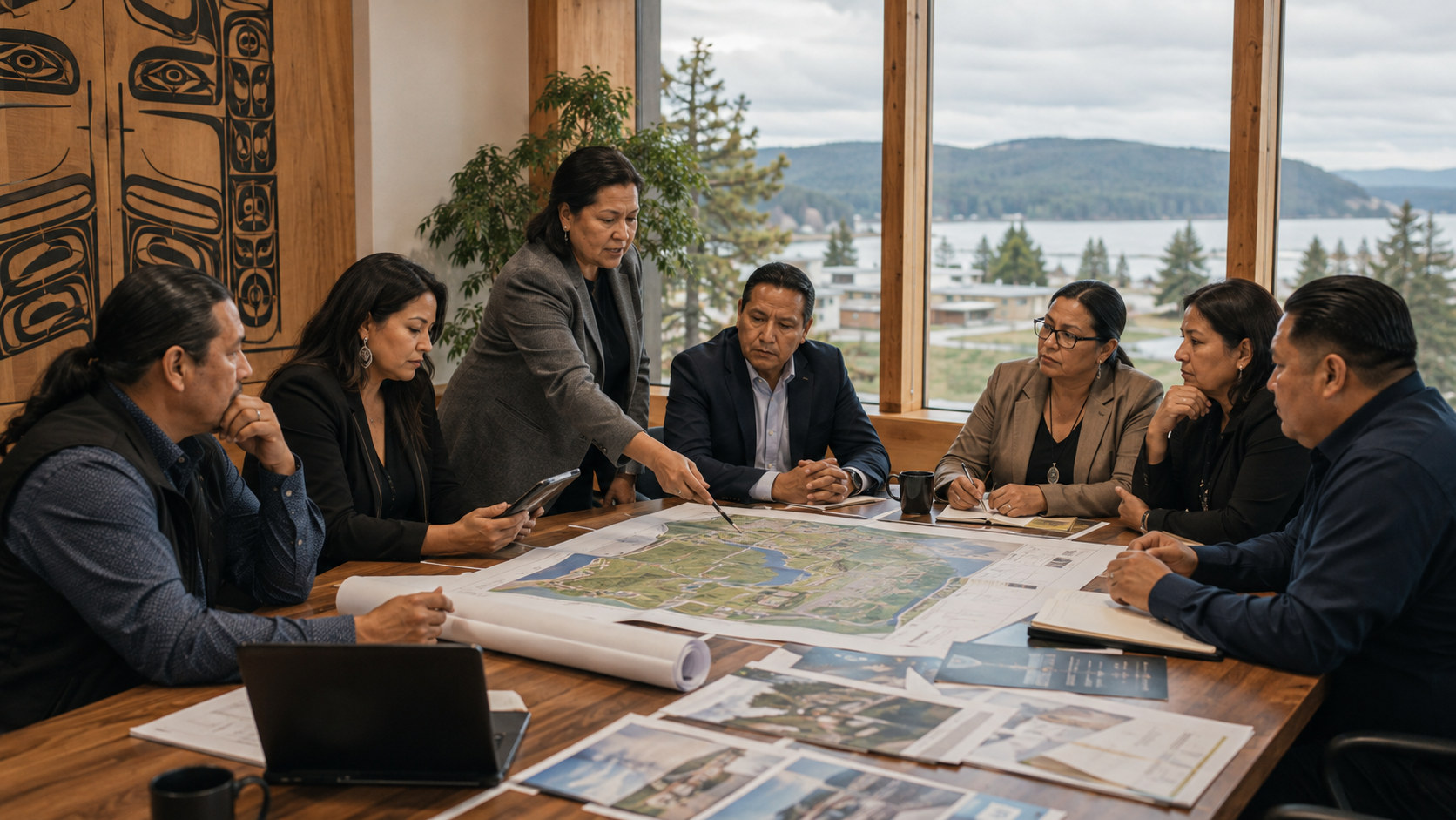 Leaders and staff meet around a table of maps and plans, with a lake visible through the windows