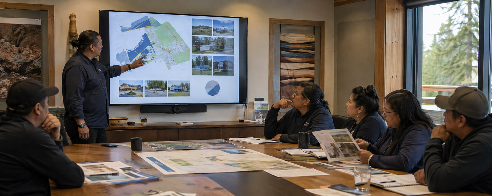 Meeting room with a site map on a large screen and staff reviewing documents