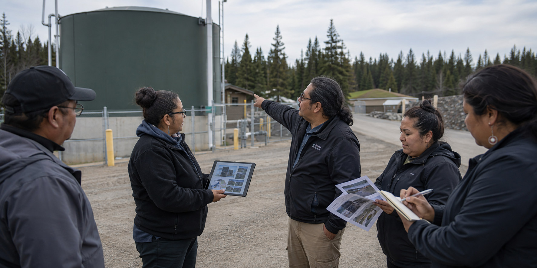 Staff review plans on tablets and paper beside a water storage tank