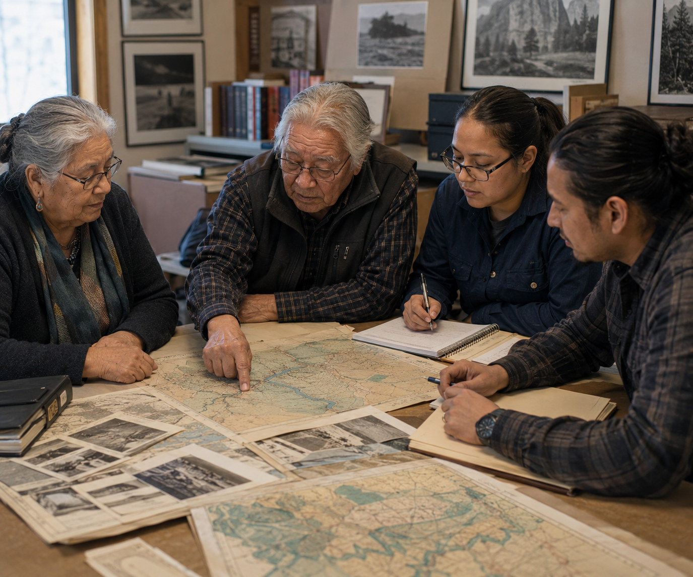 Older and younger community members review historical maps and photographs together