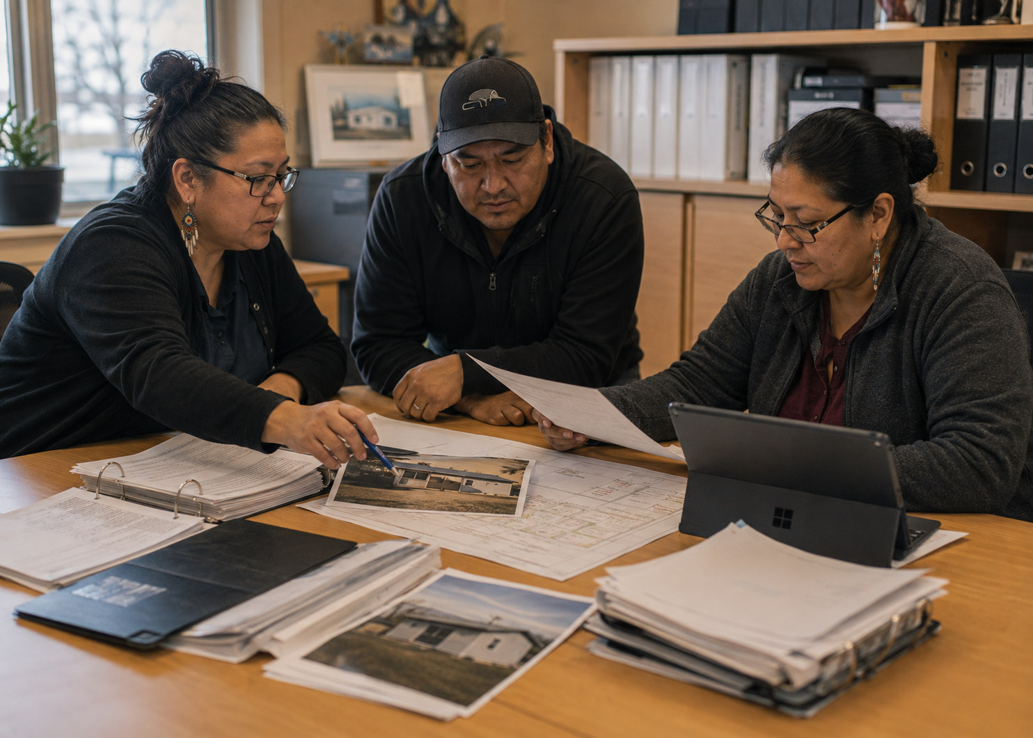 Three staff work through files, photographs and a laptop at an office desk