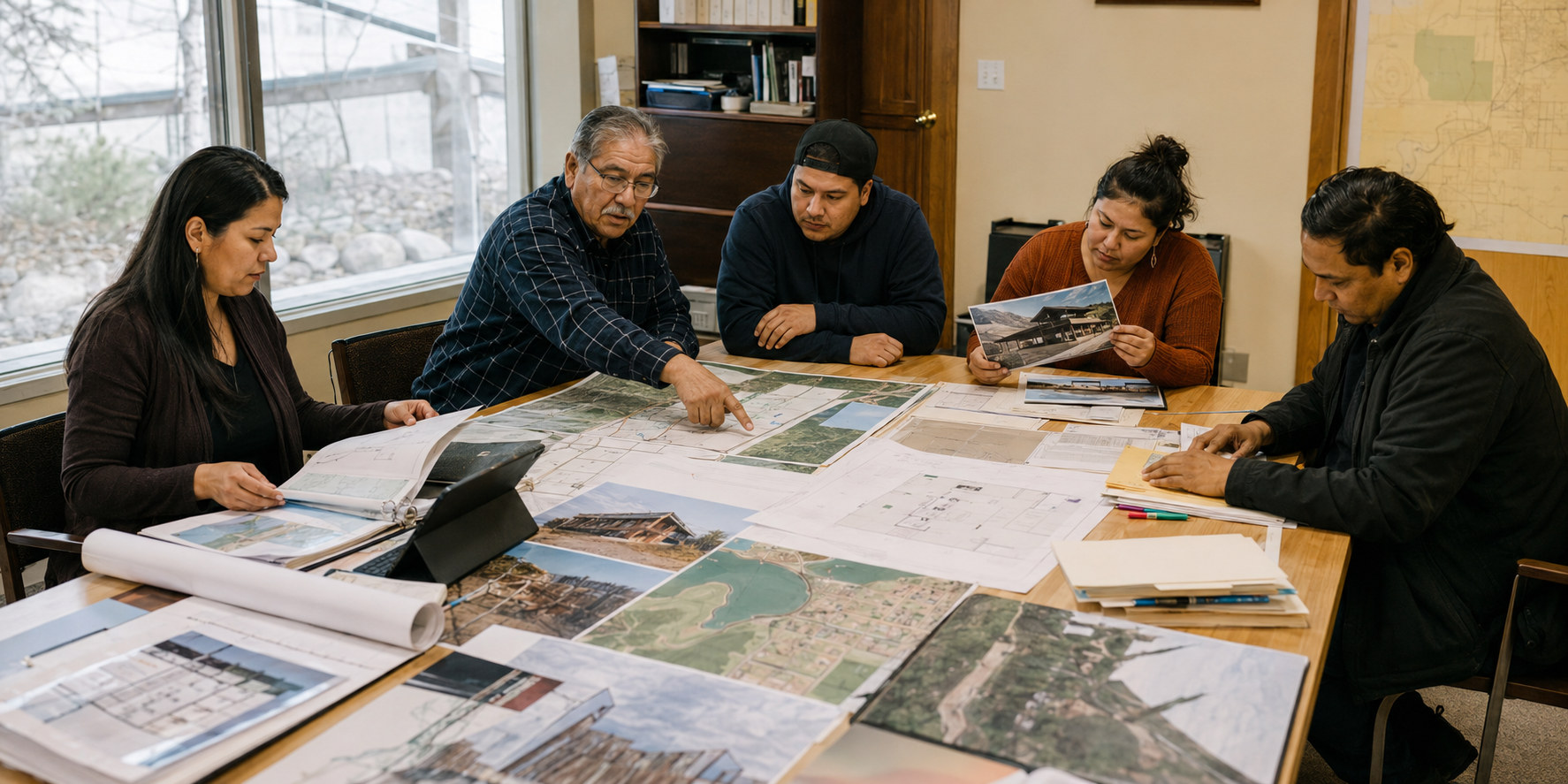 Staff work through maps, aerial photos and documents at a shared table