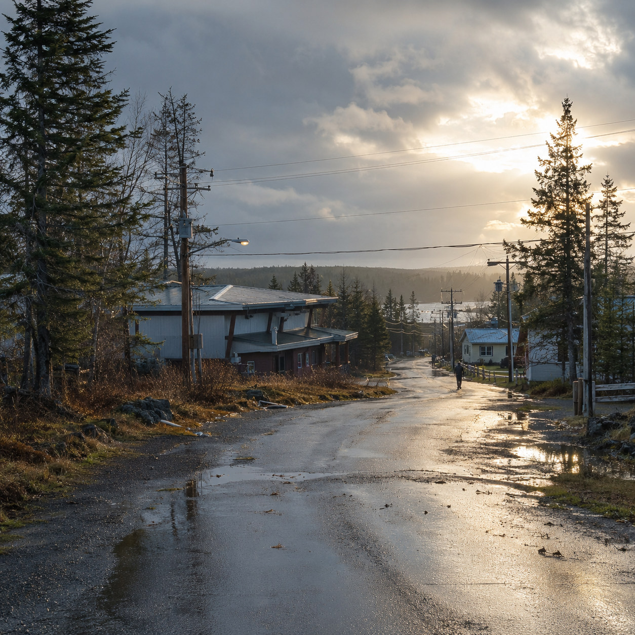 A wet gravel road runs between trees and homes after a heavy storm