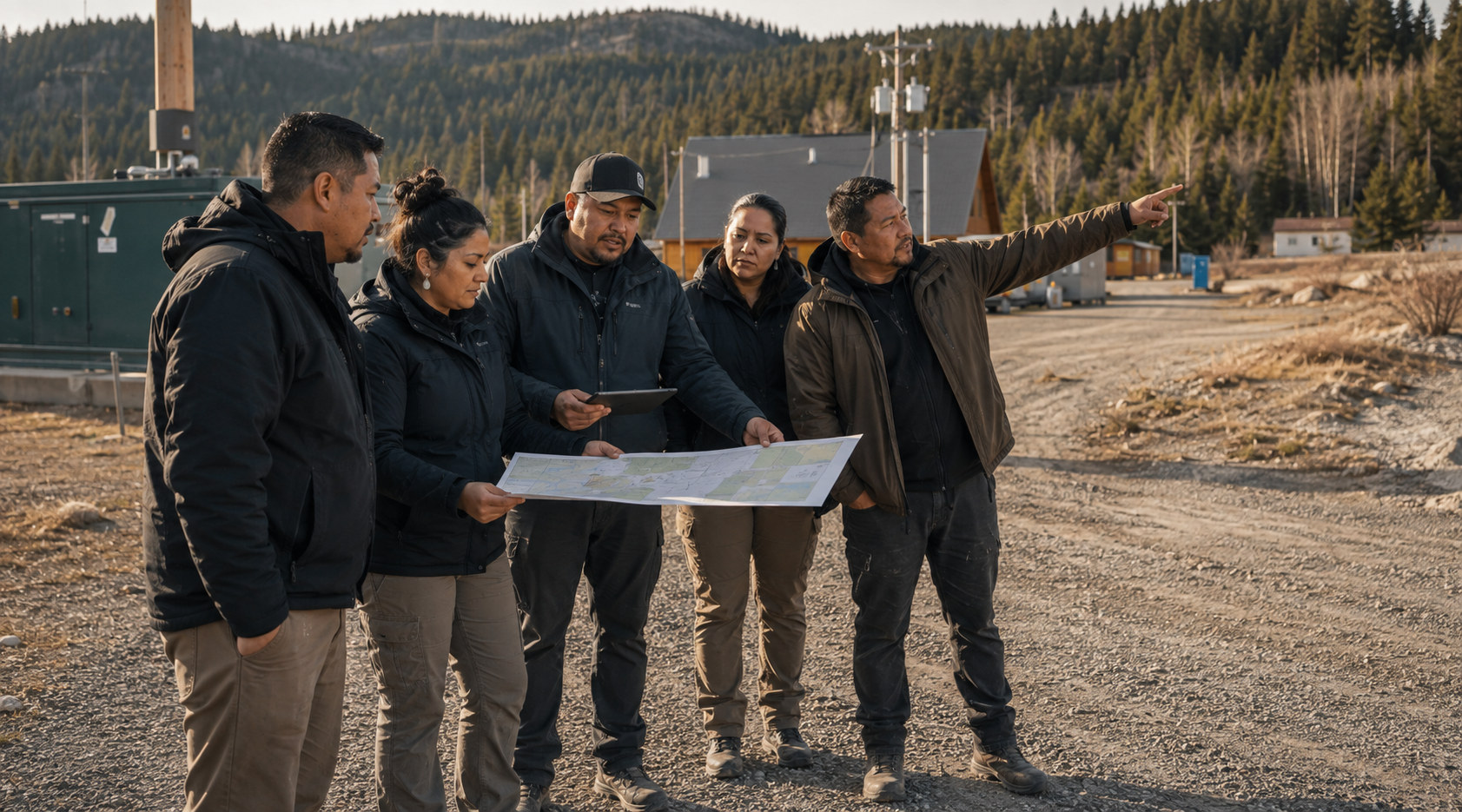 A team reviews a site plan outdoors while one member points toward the treeline