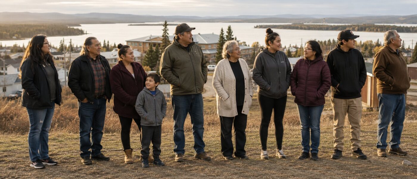 Community members of different ages stand together in a row above a lakeside town