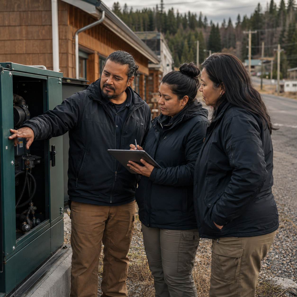 Three people review a tablet beside an open utility cabinet outside a building