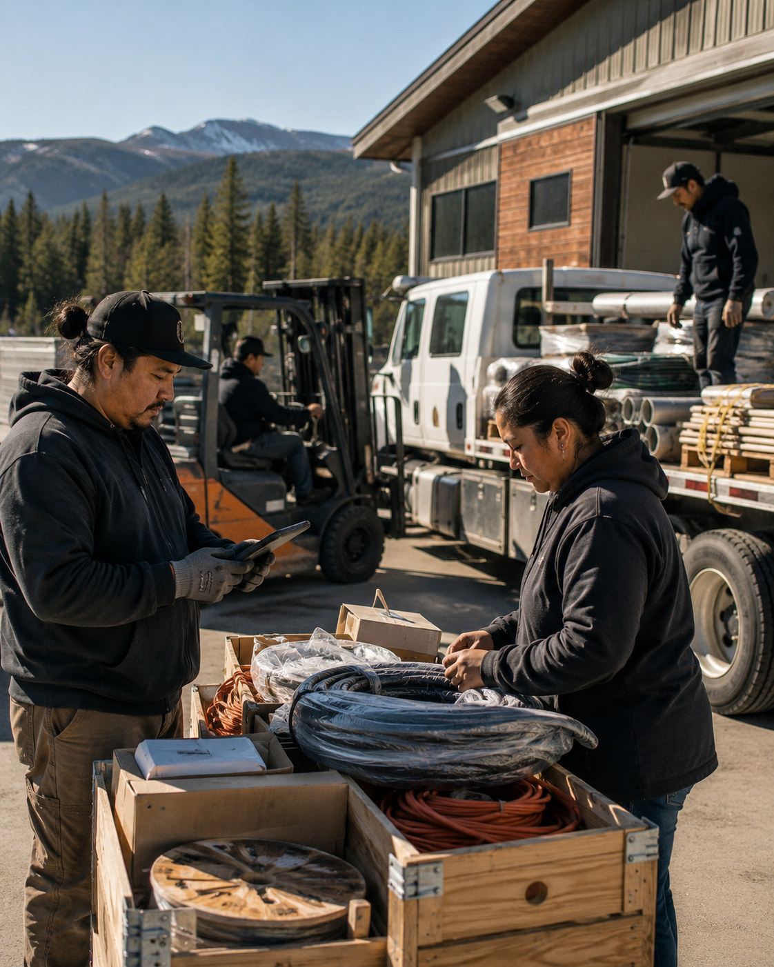 Two workers check supplies in crates beside a flatbed truck outside a warehouse