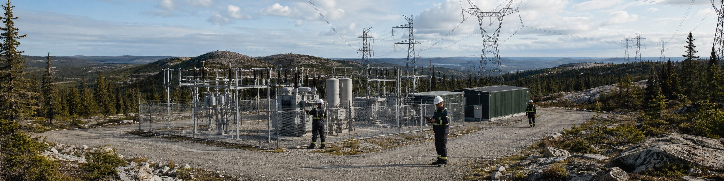 Workers walk through an electrical substation surrounded by forest